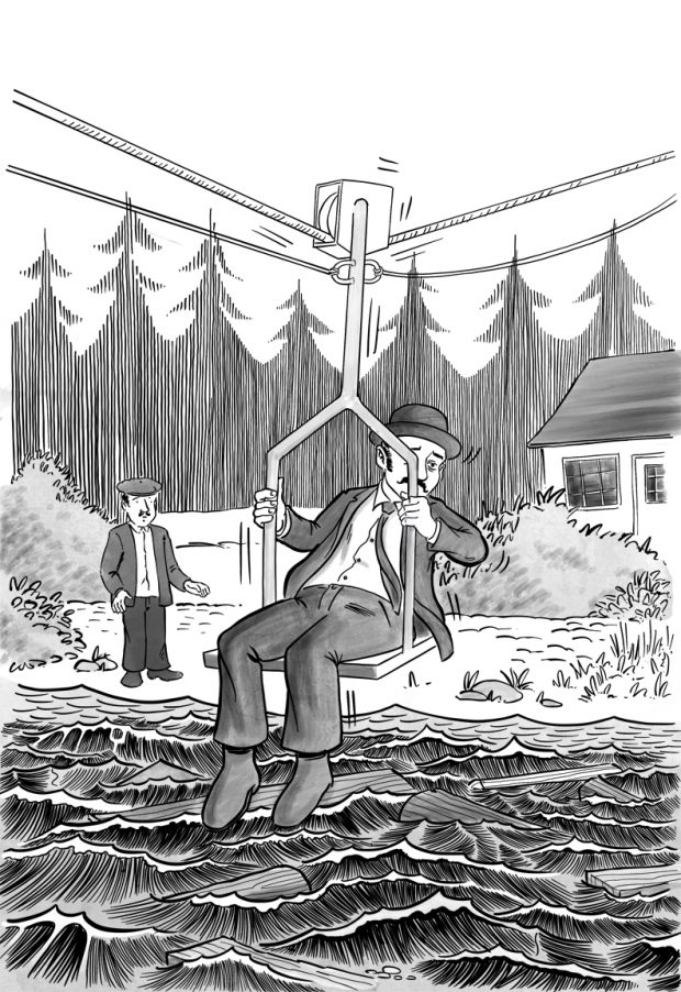 Illustration du Maire Mars sur une chaise suspendue par des câbles au-dessus de la rivière.