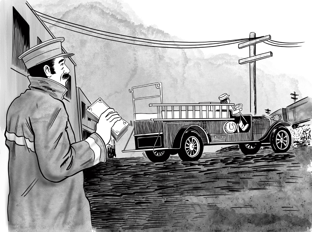 Illustration d’un homme tenant de l’argent dans ses mains tout en regardant le camion d’incendie s’éloigner.
