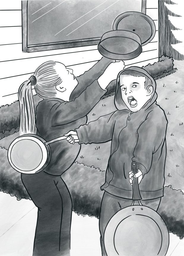 Illustration de deux enfants frappant des casseroles et des poêles ensemble à l’extérieur.