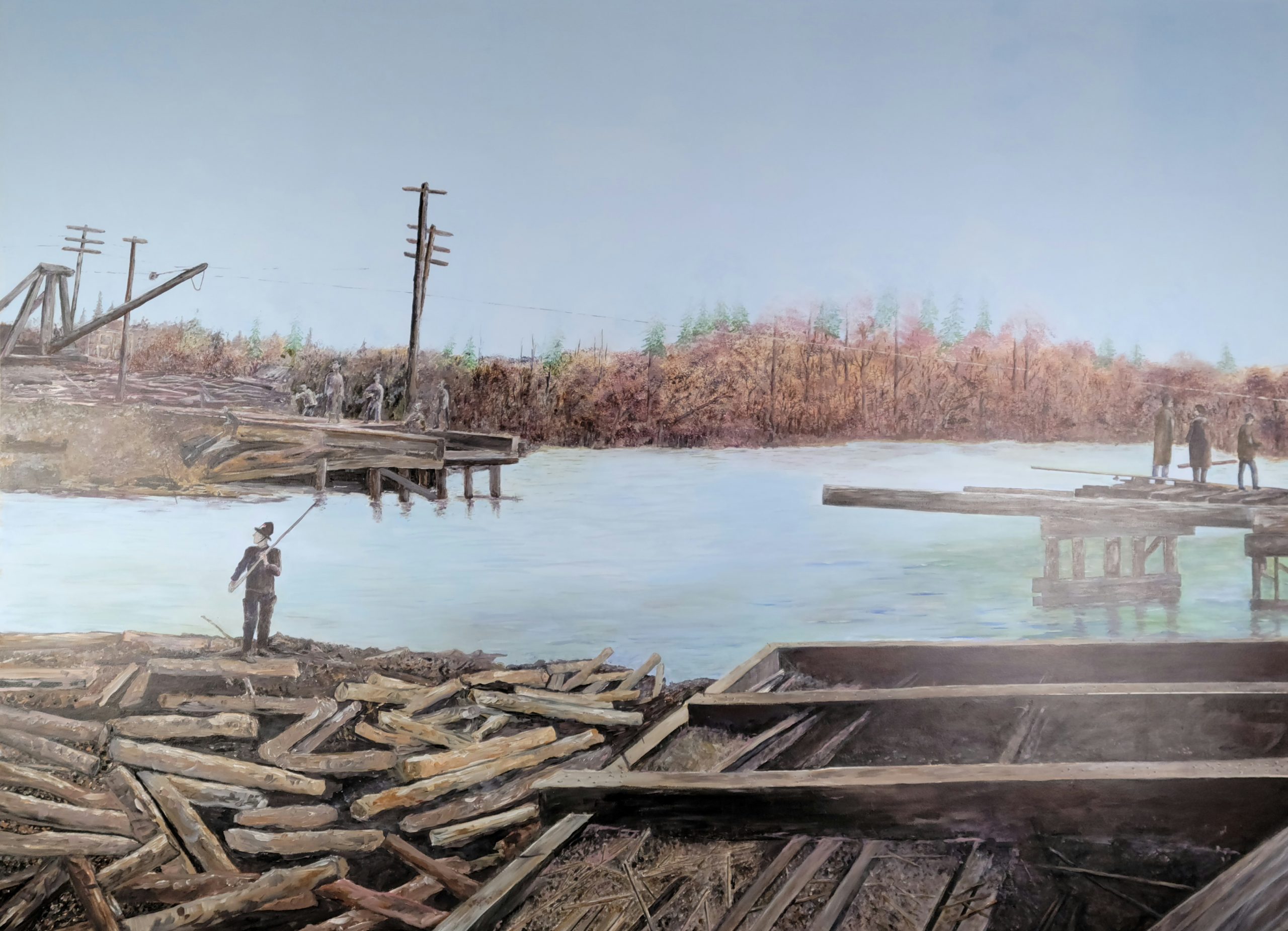 Une murale de 2 ponts de bois, brisés dans le milieu au-dessus de la rivière Coquitlam.
