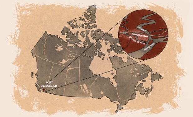 Port Coquitlam figurant sur une carte du Canada avec une illustration agrandie de la ville bordée par les rivières Pitt, Coquitlam et Fraser. 