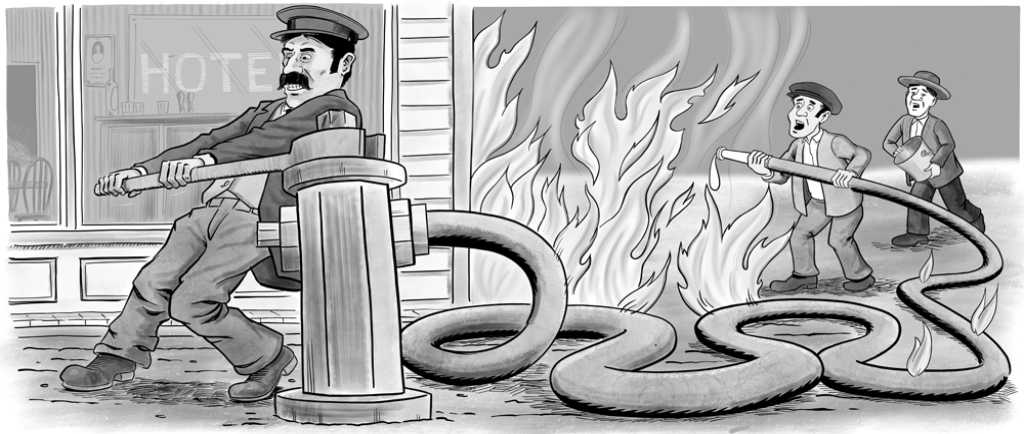 Une illustration de trois hommes tenant un tuyau d’incendie