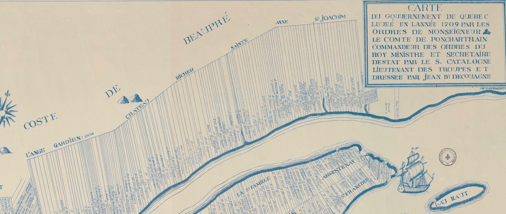 Carte d’archives montrant une partie du territoire de la Côte-de-Beaupré (L’Ange-Gardien, Château-Richer et Sainte-Anne-de-Beaupré) et les divisions des terres en bandes rectangulaires perpendiculaires au fleuve Saint-Laurent. Chaque bande de terre porte le nom de son propriétaire.