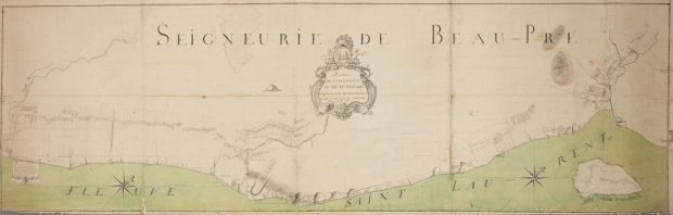 Plan cadastral en couleurs montrant les lots de la seigneurie de Beaupré depuis la rivière Montmorency jusqu’à la rivière du Gouffre. Le fleuve Saint-Laurent est représenté en vert au bas du plan, qui inclut aussi l’île aux Coudres.