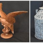Un aigle en cuivre et une lanterne à bougie créés par Joseph Drouin