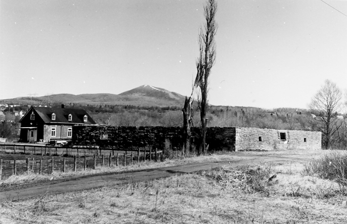 Photographie en noir et blanc montrant les vestiges d’un bâtiment en pierre dont il ne reste que la partie inférieure des murs. Une maison se trouve derrière les ruines et un arbre dénudé se dresse devant celles-ci. À l’arrière-plan, on remarque le sommet d’une montagne.