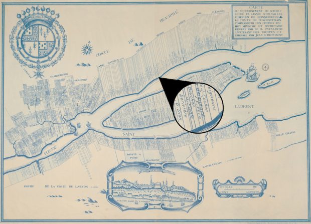 Carte d’archives montrant une partie de la ville de Québec (dont Charlesbourg et Beauport), la Côte-de-Beaupré, l’île d’Orléans, la rive du sud du Saint-Laurent et les divisions des terres en bandes rectangulaires, souvent perpendiculaires au fleuve Saint-Laurent. L’emplacement indiquant le nom de « F. Vero » ainsi que quelques lots environnants est agrandi dans un cercle placé au centre de la carte.