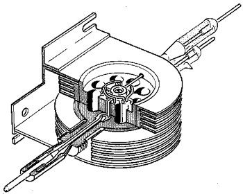 Un dessin au trait découpé d'un magnétron. Le magnétron utilise des électrons pour générer des micro-ondes. Leur fréquence est déterminée par les dimensions des cavités.