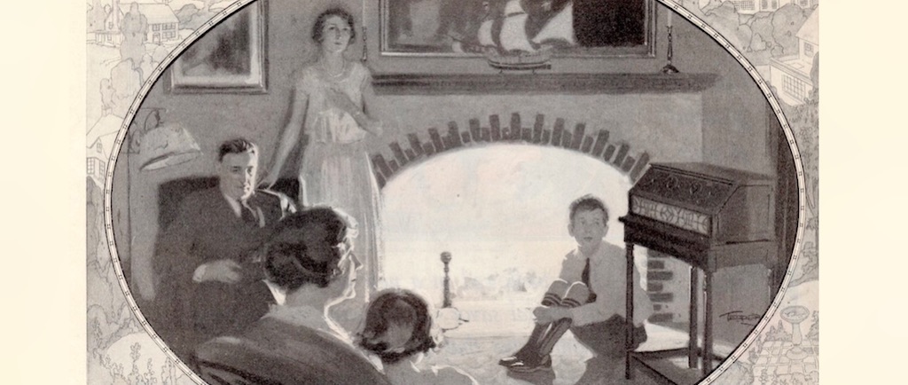 Illustration en noir et blanc d'une famille représentant une mère, un père, deux filles et un fils assis devant un feu de cheminée et une radio. L'illustration est de forme ovale et bordée par une autre illustration représentant un paysage rural.