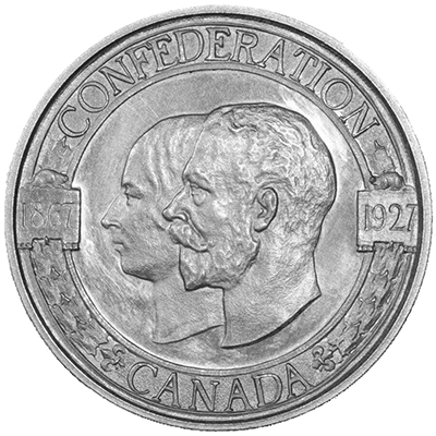 Représentation en noir et blanc d'une médaille commémorant le jubilé de diamant du Canada en 1927 avec les profils de George V et de la reine Mary.