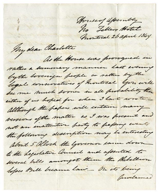Lettre manuscrite jaunie de RN Watts écrite à Montréal le 26 Avril 1849.