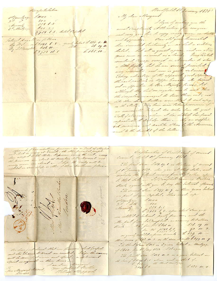 Lettre manuscrite jaunie de William Sheppard écrite à Woodfield le 18 Janvier 1838.