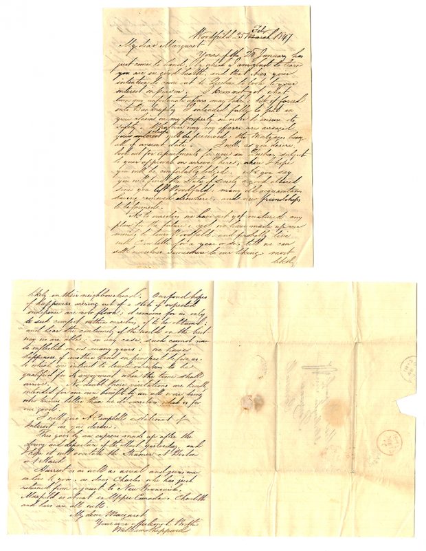 Lettre manuscrite jaunie de William Sheppard écrite à Woodfield le 25 Février 1847.