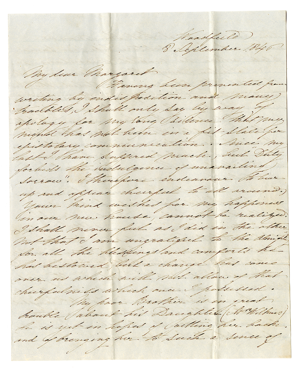 Lettre manuscrite jaunie de Harriet Sheppard écrite à Woodfield le 8 Septembre 1846.