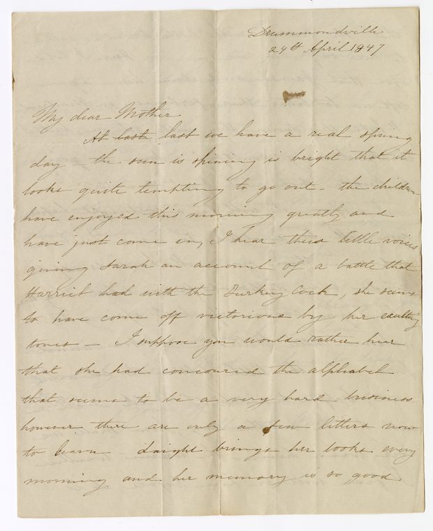 Lettre manuscrite jaunie de Charlotte Watts écrite à Drummondville le 24 Avril 1847.