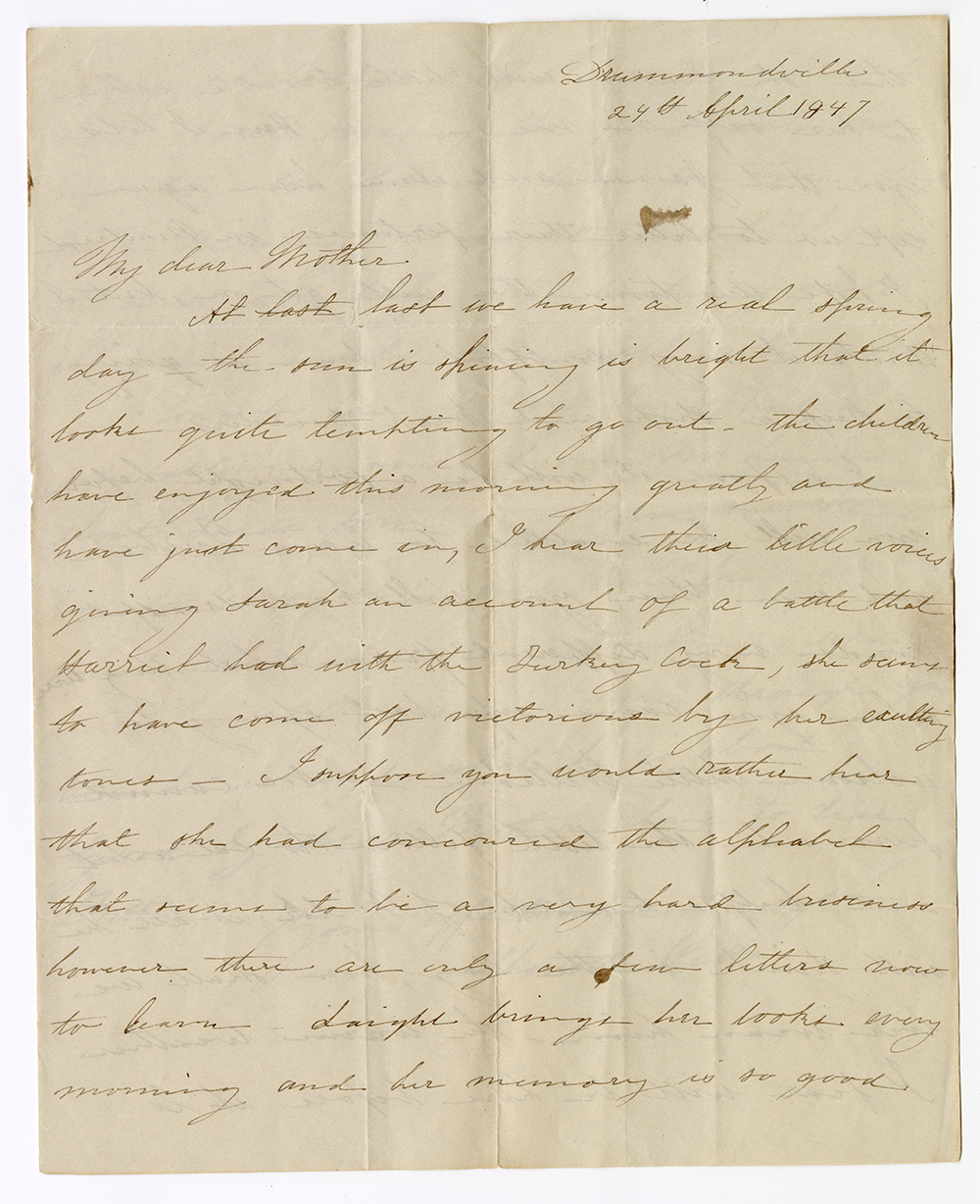Lettre manuscrite jaunie de Charlotte Watts écrite à Drummondville le 24 Avril 1847.