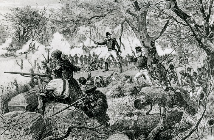 Gravure mettant en scène plusieurs hommes qui combattent, armés de fusils, sur un champ de bataille.