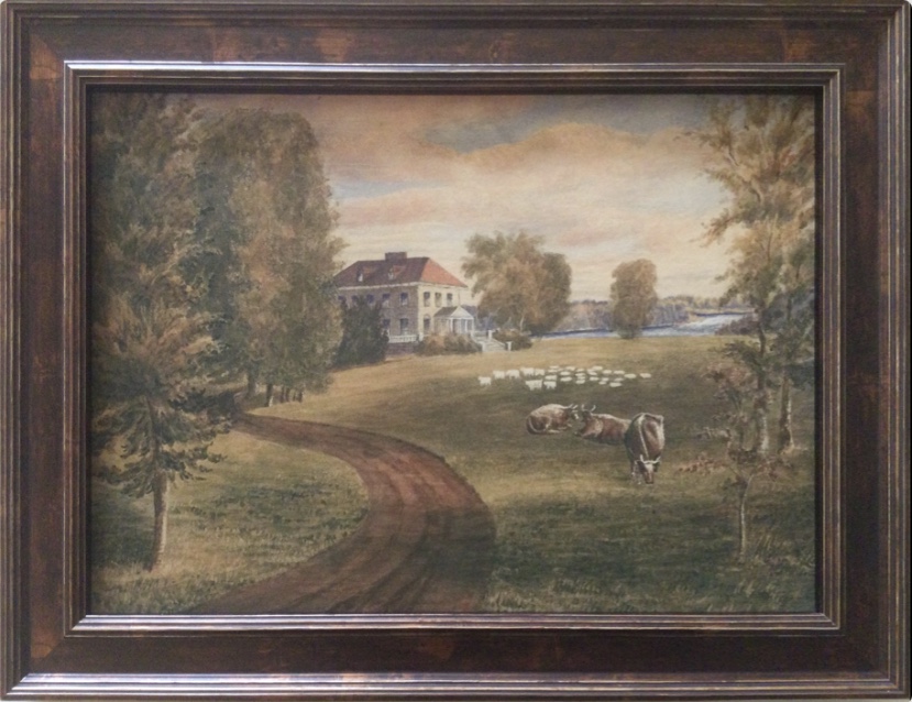 Aquarelle en couleurs représentant le Grantham Hall, une grande maison en pierre, ses animaux, dont des vaches, et son terrain longeant la rivière Saint-François.