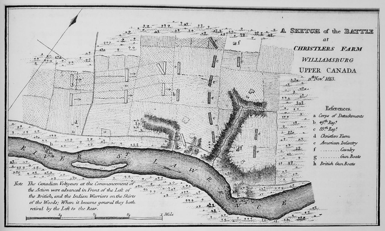 Plan de la région entourant la ferme Crysler et représentant les déplacements militaires effectués lors de la bataille.