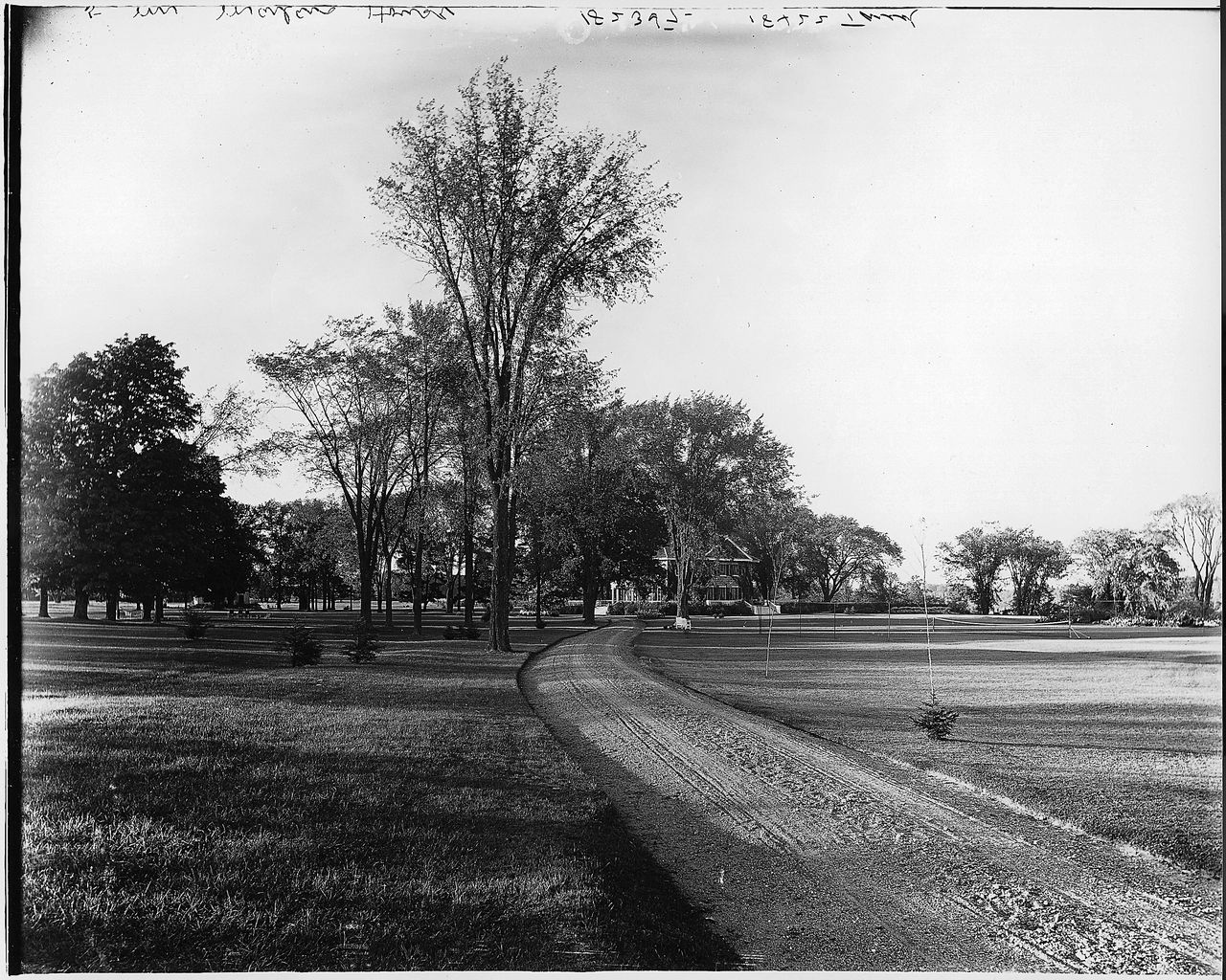 Photographie en noir et blanc d’un chemin en terre longé d’arbres et menant à une grande maison en pierre de deux étages.