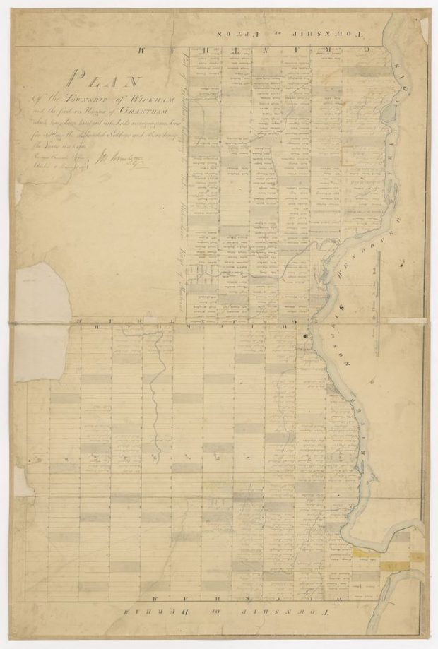 Plan des cantons de Wickham et de Grantham démontrant la répartition des terres le long de la rivière Saint-François.