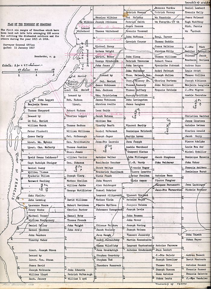 Plan du canton de Grantham démontrant la répartition des terres le long de la rivière Saint-François.