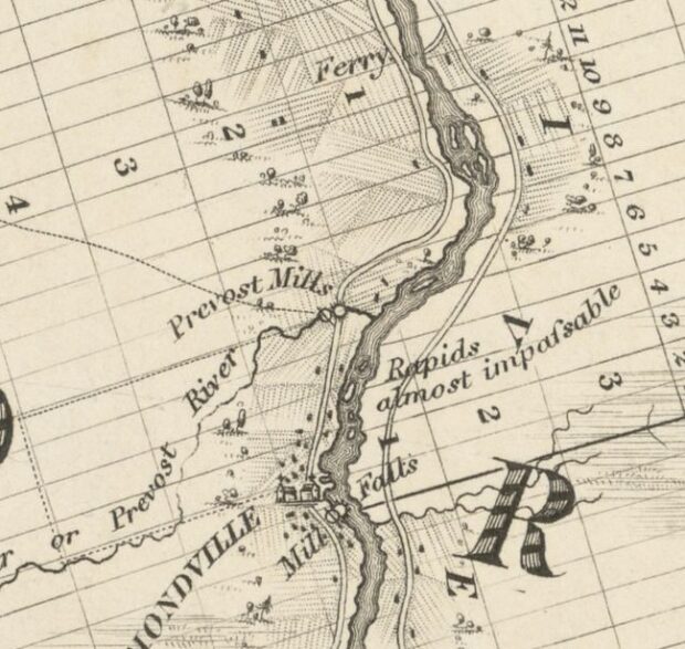 Carte mettant en évidence les divers comtés longeant le fleuve Saint-Laurent par des encadrés colorés, avec quelques dessins de paysages côtiers.