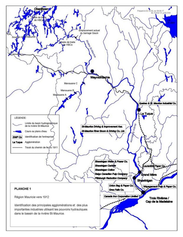 La carte présente le bassin hydrographique du Saint-Maurice en plus d'identifier le tracé du chemin de fer et les nombreuses industries installées dans la région. Sont notamment identifiés la Canada Iron à Trois-Rivières, la Belgo à Shawinigan et la Quebec & St. Maurice Industrial à La Tuque.