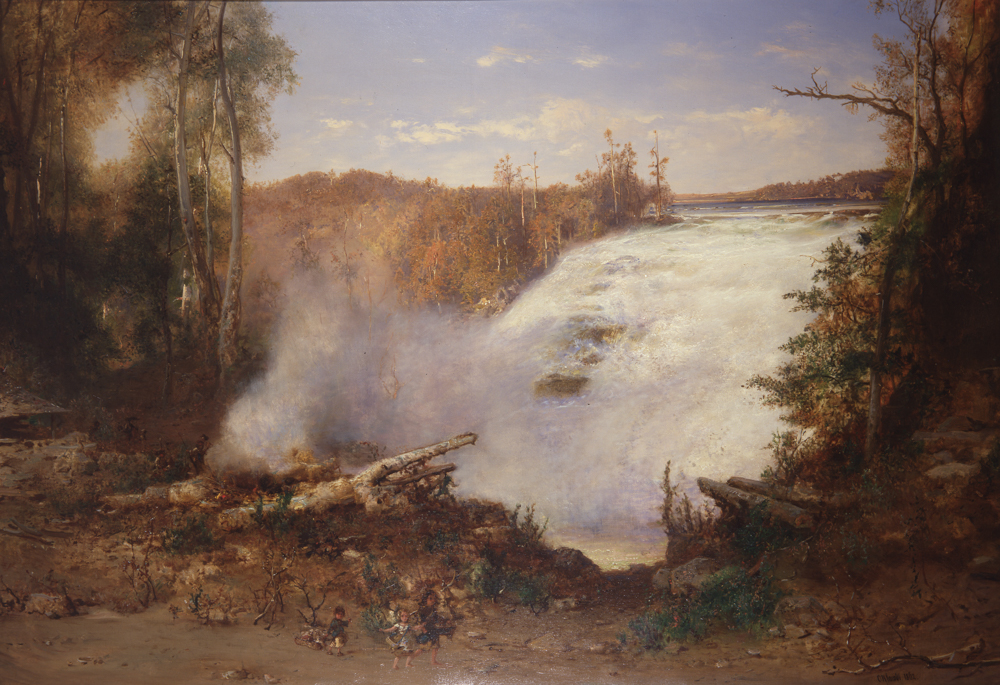 Trois enfants jouent au premier plan de cette toile dominée par les chutes et la forêt.