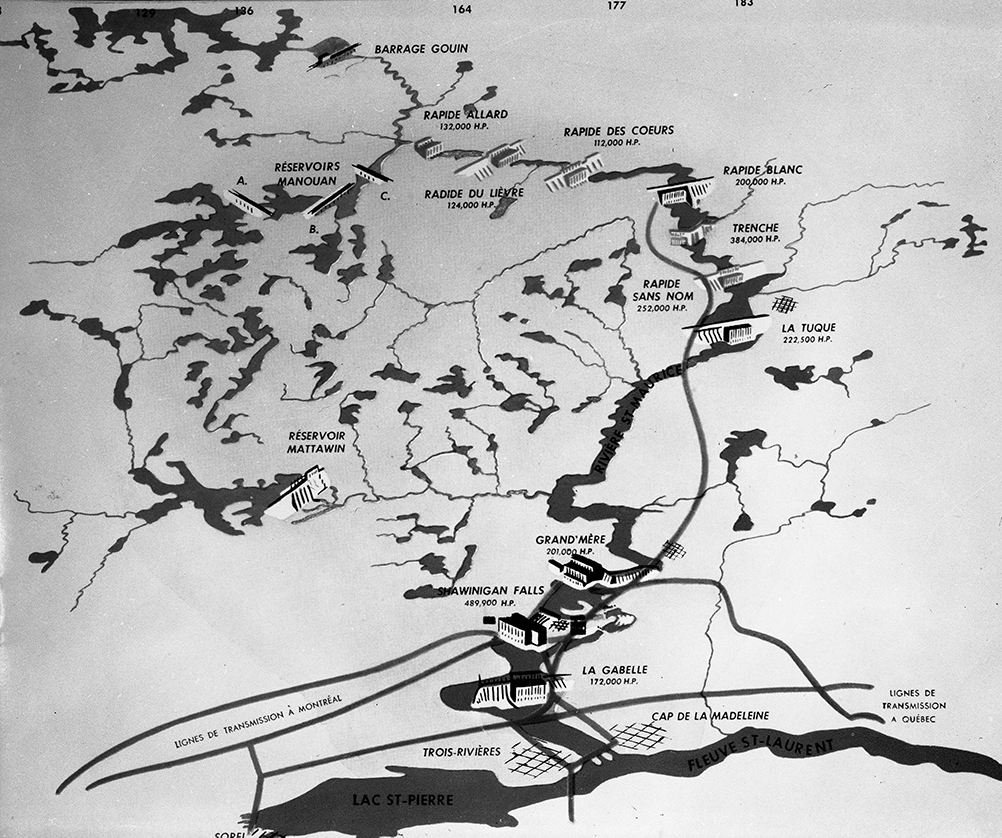 Carte où sont dessiné les centrales construites sur le Saint-Maurice, de La Gabelle au sud au Barrage Gouin tout au nord. Onze centrales sont répartis sur la rivière.