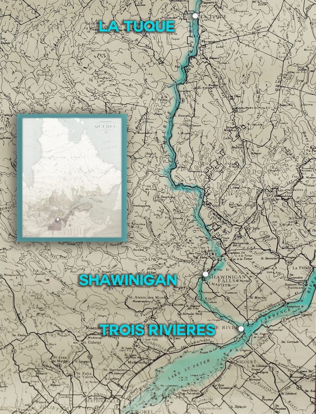 Carte géographique illustrant la grande distance entre La Tuque, Shawinigan et Trois-Rivières qui se situe au confluent de la rivière et du fleuve Saint-Laurent.