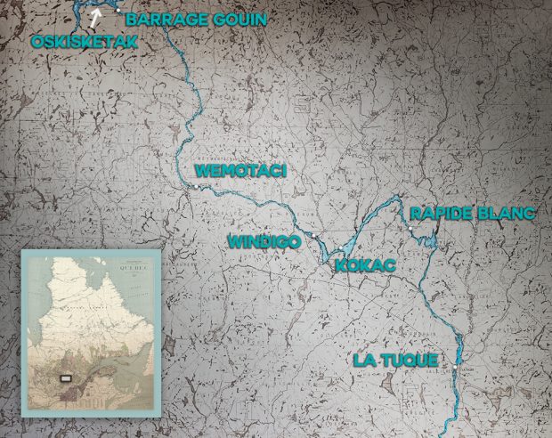 Carte géographique illustrant le très dense réseau hydrographique et les principaux lieux habités de la Haute-Mauricie : La Tuque, Rapide Blanc, Windigo, Wemotaci et le Barrage Gouin au nord. On retrouve aussi l’emplacement de points de rencontres Atikamekw : Kokac et Oskisketak. 