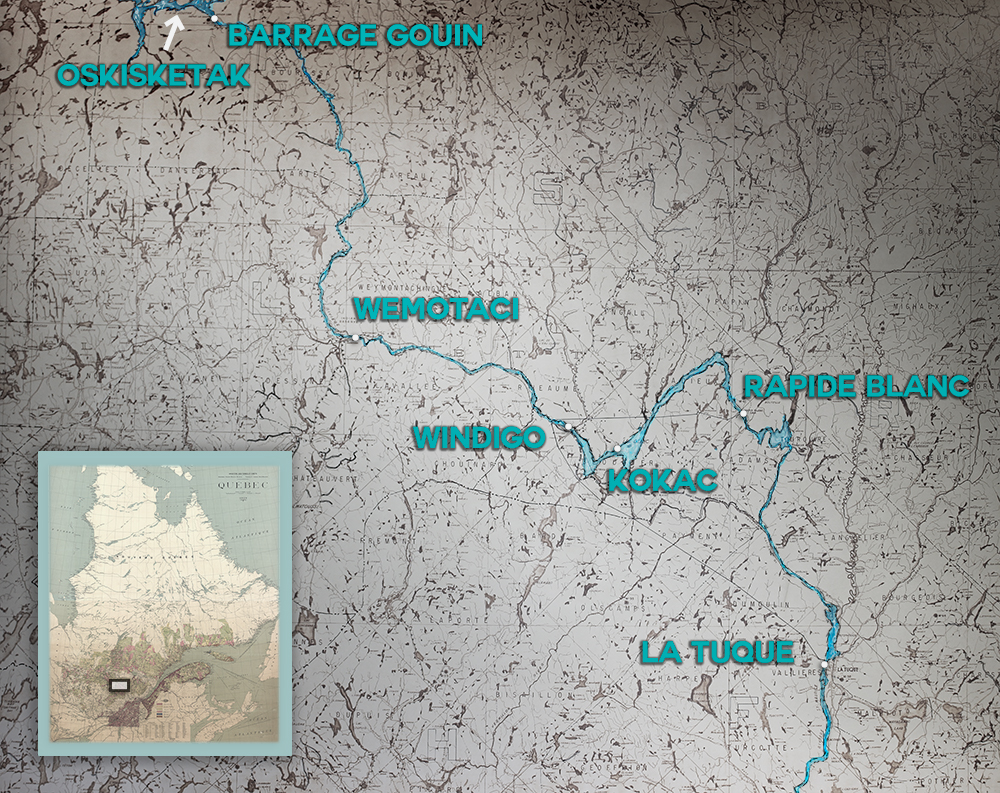 Carte géographique illustrant le très dense réseau hydrographique et les principaux lieux habités de la Haute-Mauricie : La Tuque, Rapide Blanc, Windigo, Wemotaci et le Barrage Gouin au nord. On retrouve aussi l’emplacement de points de rencontres Atikamekw : Kokac et Oskisketak. 