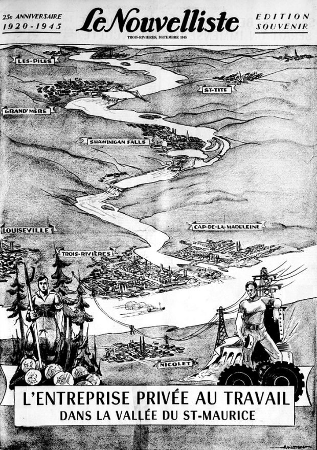 Première page du quotidien le Nouvelliste à l’occasion du 25e anniversaire du journal en 1945. Le dessin représente la vallée du Saint-Maurice, des Piles au nord à l’embouchure du fleuve au sud. Plusieurs villes sont représentées, notamment Grand-Mère, Shawinigan Falls, Trois-Rivières et le Cap-de-la-Madeleine. Un draveur et un ouvrier du secteur de l’énergie sont aussi dessiné.