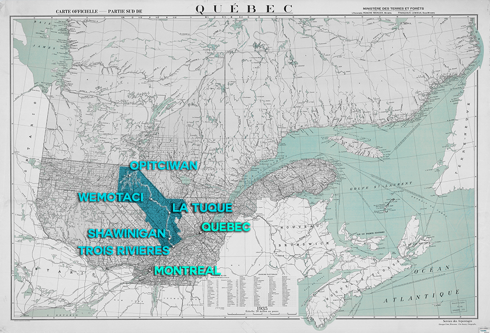 Carte géographique illustrant l’étendue que traverse la rivière, d’Opitciwan à Trois-Rivières en passant par Wemotaci, La Tuque et Shawinigan. La carte situe également la rivière par rapport à la ville de Québec, 130 kilomètres plus à l’est