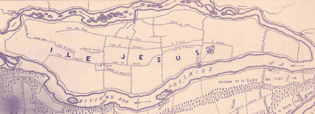 Carte de l’île Jésus en teinte de mauve. Au haut, on voit la rivière des Mille-Îles désignée comme Rivière des Ottawas. Au bas, on voit la rivière des Prairies et quelques lieux du nord de l’île de Montréal. Les chemins principaux de l’île Jésus sont dessinés et nommés.
