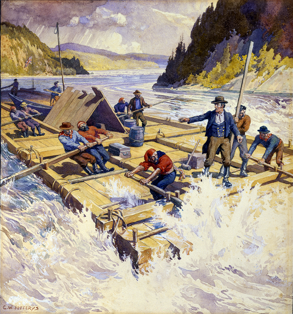Aquarelle en couleur d’un train de bois sur une rivière avec de forts rapides. Plusieurs hommes pagayent sous la direction d’un homme qui dirige le radeau fait de billots de bois.