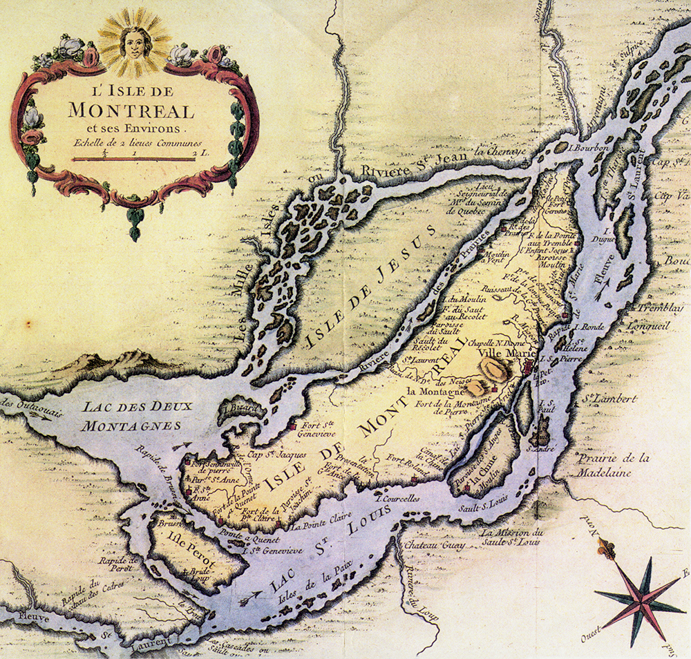 Carte ancienne en couleur aux teintes de jaune et lavande représentant l’île Jésus et l’île de Montréal. En haut à gauche, un encadré ornementé présente le titre. Une rose des vents se retrouve en bas à droite. 