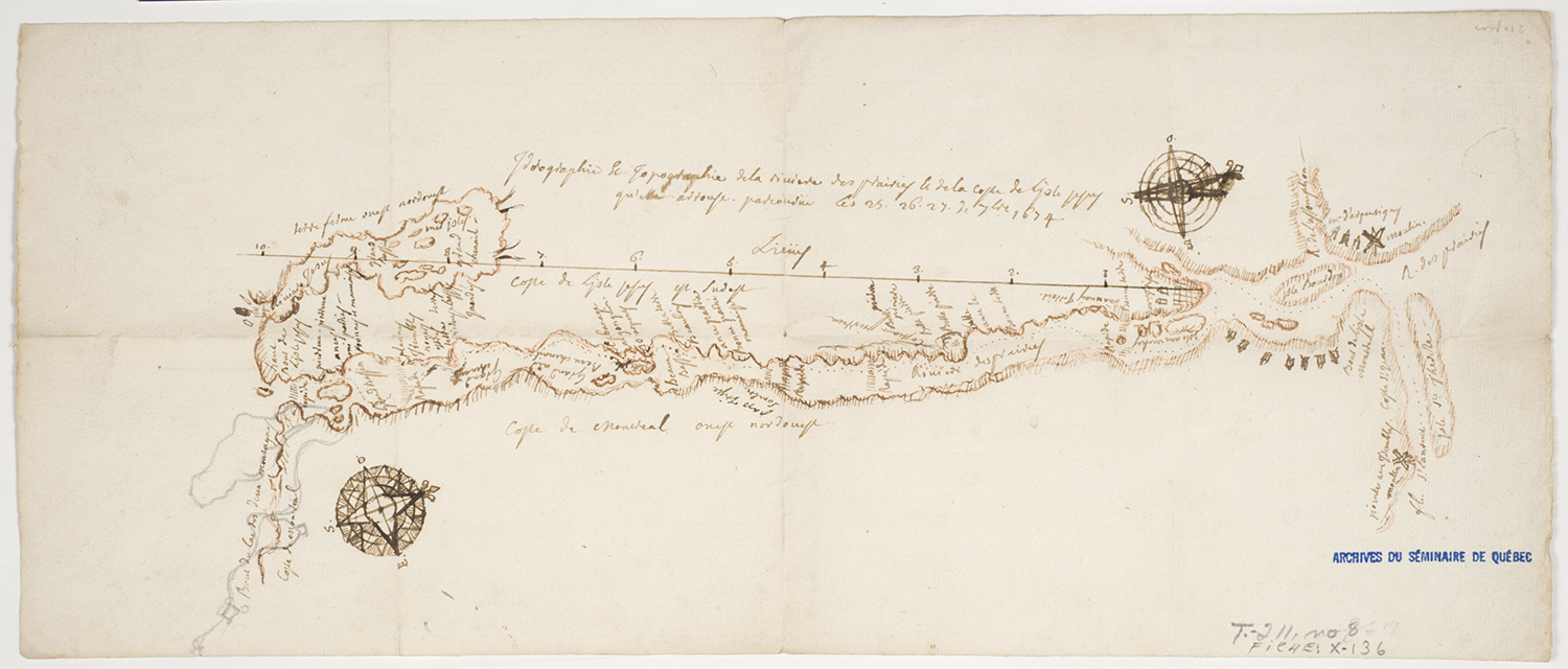 Plan dessiné à la main de la côte sud de l’île Jésus en 1674. Le papier est jauni et l’encre est beige.  Des indications de lieux et d’installations algonquiennes sont inscrites avec une rose des vents aux deux extrémités.