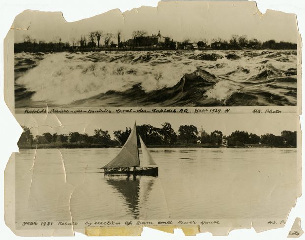 Deux photographies en noir et blanc de la rivière des Prairies. La photo du haut présente les rapides agités en 1929. La photo du bas montre un voilier sur la rivière calme après la construction du barrage en 1931.