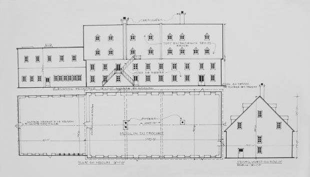 Schéma en noir et blanc dessiné au crayon représentant un moulin, comprenant un plan du moulin ainsi qu’un dessin du moulin vu de profil.