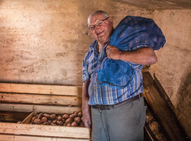 Homme debout dans une cave à légumes devant des compartiments en bois remplis de pommes de terre.