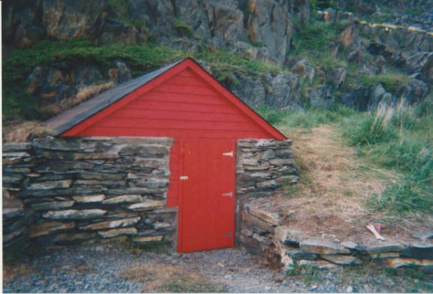 Fondations d’une cave à légumes en pierres empilées creusée à flanc de colline sur un versant herbeux, avec une porte rouge et, au-dessus, une remise.
