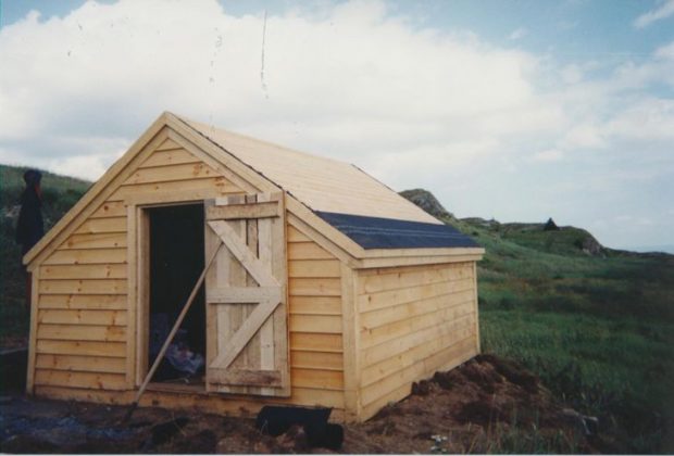 Extérieur de la remise non-peinte d’une cave à légumes au milieu d’un champ herbeux.