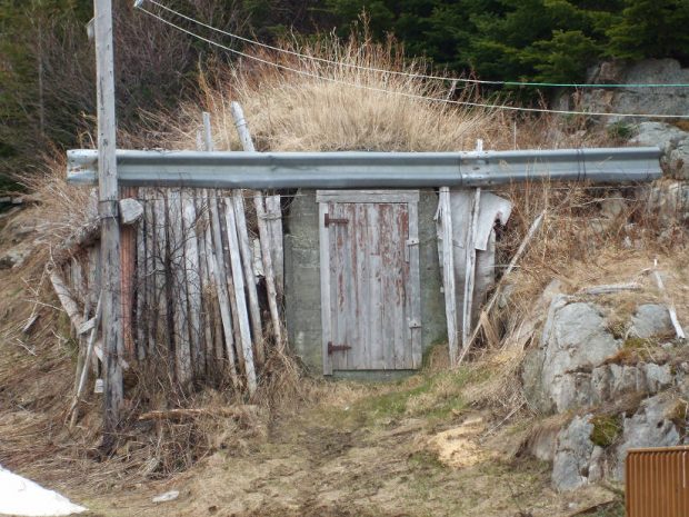 Extérieur d’une cave à légumes construite à flanc de colline à l’aide de glissières de sécurité (en métal), de poteaux téléphoniques en bois et de morceaux de bois usagés.