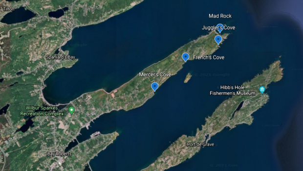 Carte détaillant les divers sites de caves dans la région de Bay Roberts.