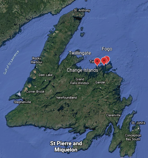 Carte indiquant où se situent Twillingate, les îles Change et l’île Fogo.