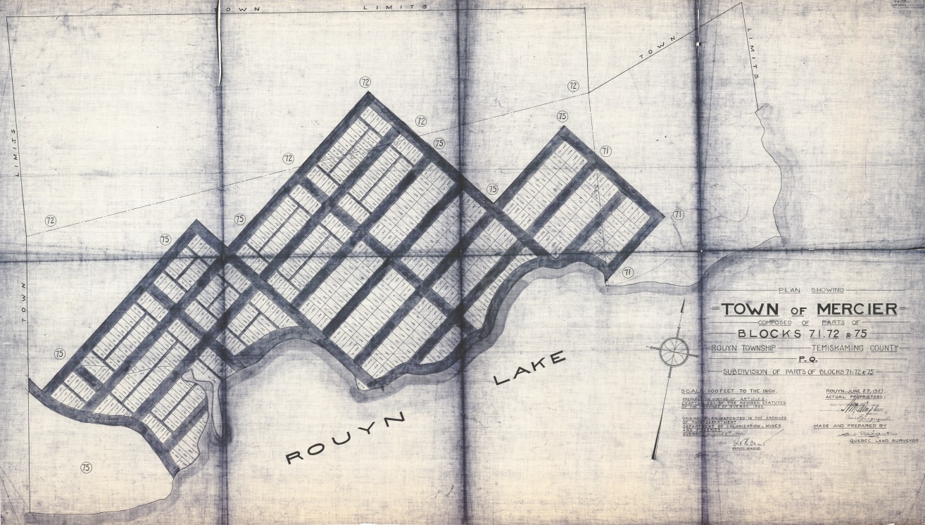 Carte en noir et blanc qui présente les limites de la ville, ainsi qu’une quinzaine de rues qui étaient projeté d'être construites.