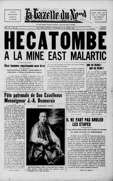 Page couverture de la Gazette du Nord du 25 avril 1947 annonçant la tragédie à la mine East Malartic du 24 avril 1947