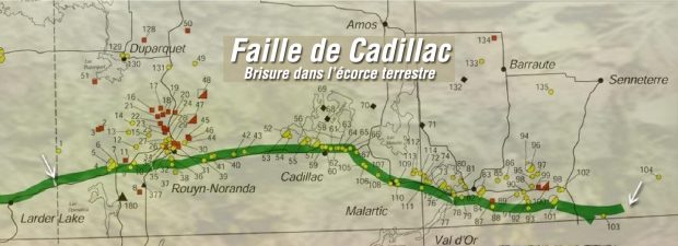 Carte montrant la portion de la faille de Cadillac située en Abitibi-Témiscamingue